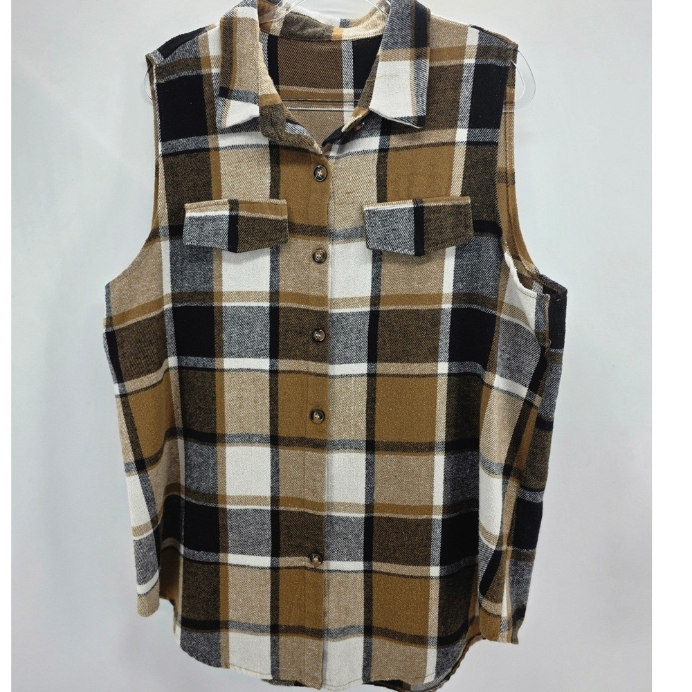 Women Sz 3X Plaid Vests Black & Brown Plaid Button Up Flannel Bundle Layering - Picture 4 of 8